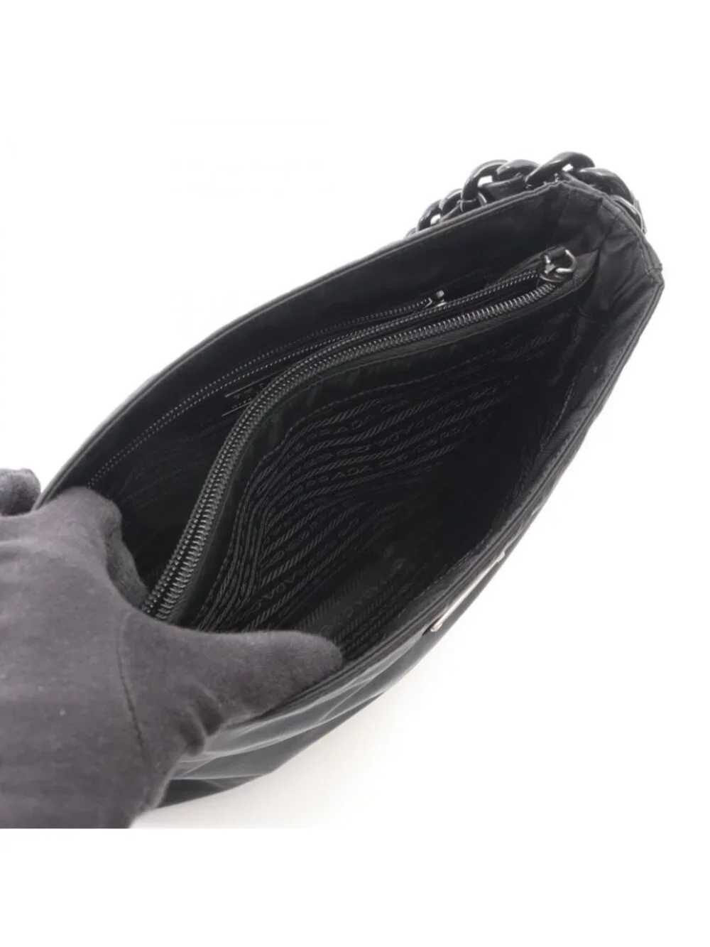 Prada Shoulder Bag Tessuto Bacheli Black Nylon Leather Triangle Logo Chain